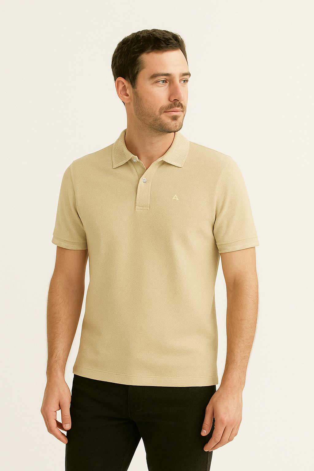 SAND BEIGE SOLID JACQUARD POLO SHIRT