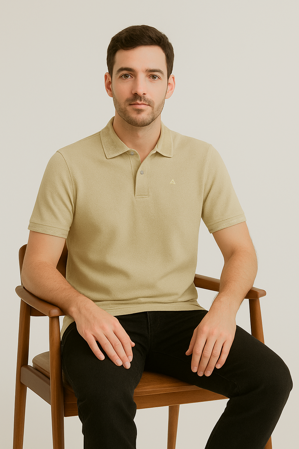 SAND BEIGE SOLID JACQUARD POLO SHIRT