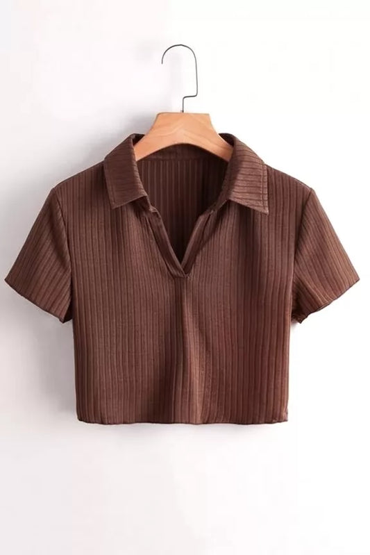 Crop top: Brown Texture Collared