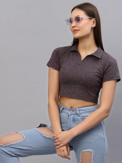 Crop top: Brown Texture Collared