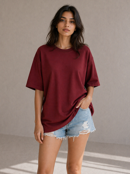 BURNT MAROON FRENCH TERRY BOX FIT T-SHIRT